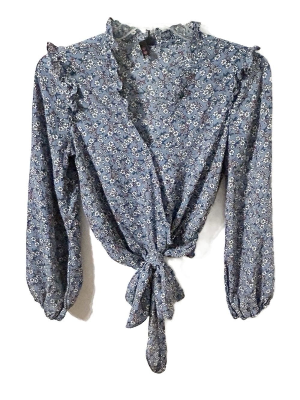 Unbranded Floral Blue Wrap Blouse with Tie Waist and Ruffles Shoulder Neckline